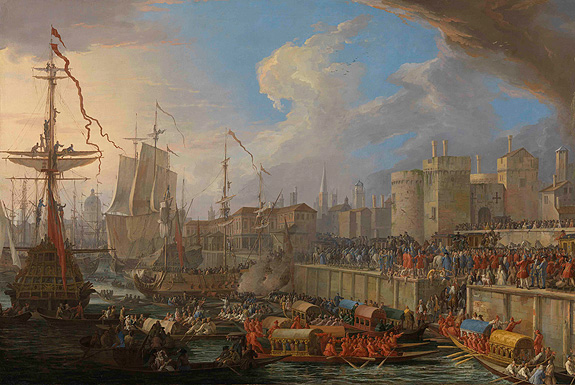 Picture: Reception of the Venetian Envoys at the Tower in London, after 1707, Luca Carlevarijs